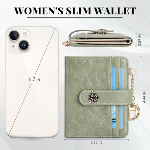 Image of RFID Wallet Women,Slim Small Wallets Embossed Flower Leather Bifold Compact Ladies Girls Wallet with Credit Card Holder Zipper Coin Pocket Green