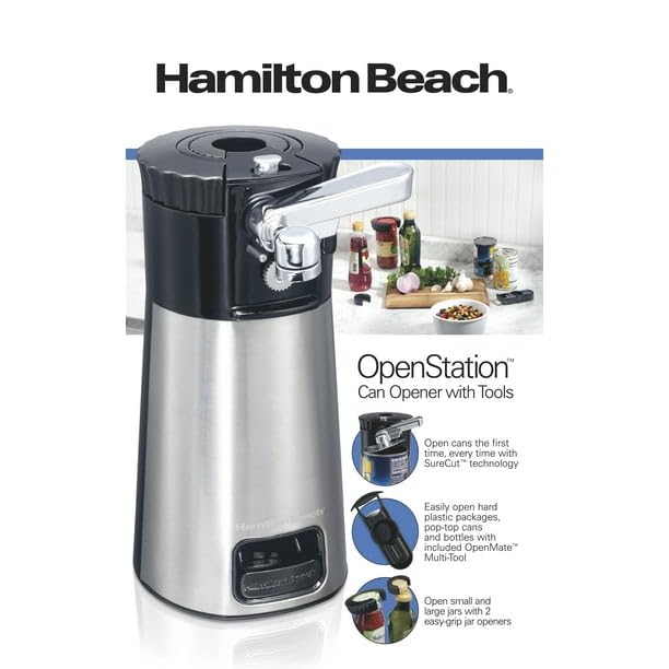 Open Station Electric Automatic Can Opender, Includes Multi-Tool and 2 Jar Openers, Black and Stainless Steel, 76382