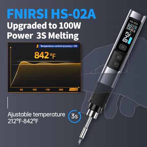 Image of FNIRSI HS-02A 100W Portable Corded Soldering Iron Kit with Storage Case, 3S Fast Heating, 212-842℉, Pre-set 3 Groups Temperature, 6 F245 Soldering Tips, Smart Soldering Iron Pen for Electronics Repair