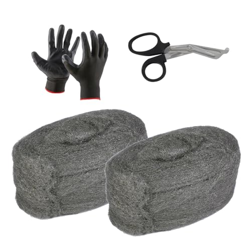 Steel Wool Mice 2 Piece Coarse Wire Wool Rat Control Gap Blockers with Work Gloves and Scissors DIY Fill Fabric Kit To Stop Rats Mice Insect Pests 3m Roll Each