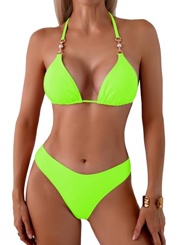 swimall Womens Triangle Bikini Set Cheeky High Cut Sexy Two Piece Swimsuit Cute Halter Bathing Suit - Neon Green- 421 - Medium