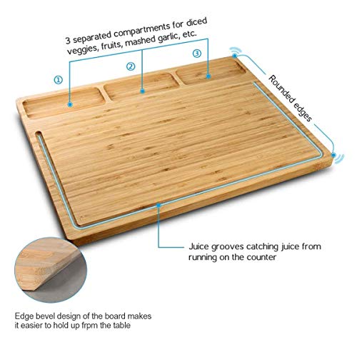 image for HHXRISE Organic Bamboo Cutting Board, With 3 Built-In Compartments And