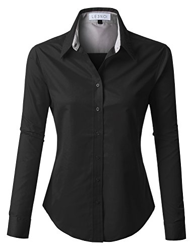 LE3NO PREMIUM Womens Easy Care Long Sleeve Button Down Work Shirt, L3NWT1807_BLACK, X-Small