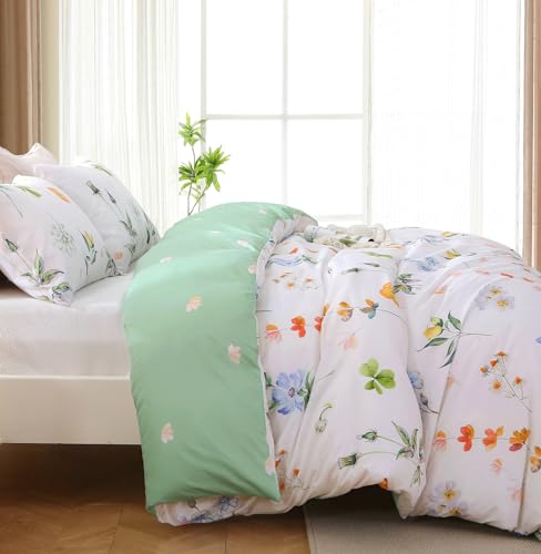 MUXHOMO Duvet Cover Queen Size, Reversible Floral Multicolor Duvet Cover Set with Zipper Closure, 3 Pieces Botanical Patterns Soft Microfiber Bedding Set with 4 Ties (90"x90", 2 Pillow Cases)