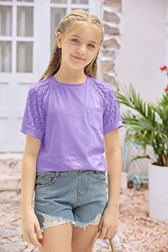 Image of Girls Summer Short Sleeve Shirts Lace Casual Cute Crew Neck Solid Color Blouses Tops Sizes 6-15 Years