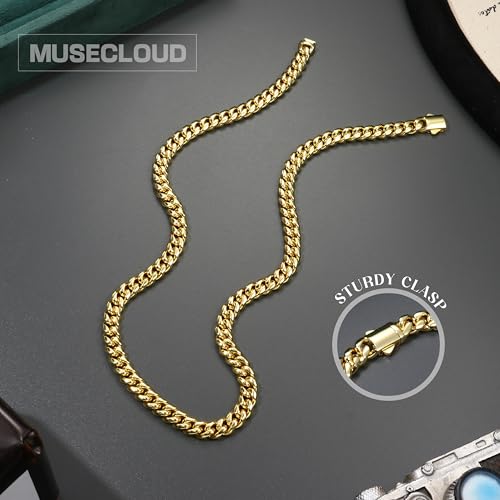 Gold Cuban Link Chain for Men Mens Stainless Steel Miami Curb Chains Necklace 5/8mm Thick Real Gold/Silver/Black Plated Diamond Cut Non-Tarnish Jewelry18-26 Inch4