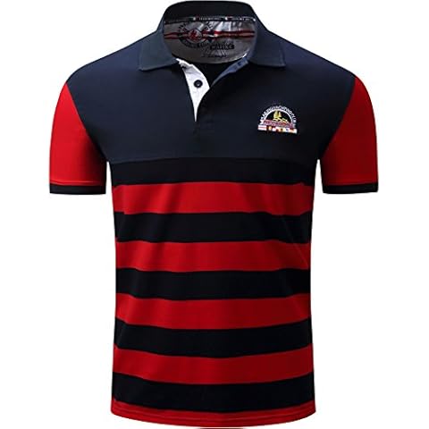 LEOCLOTHO Men's Striped Polo T-Shirt Summer Casual Cotton Short Sleeve with Embroidery Red, M Cover