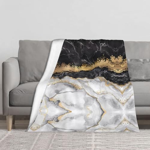 BLWSLC Schwarz-Weißgold-Folie Marmor bedruckte Tagesdecke, warme Decke, faltbar für Lagerung, geeignet für Betten, Sofas, Reisen, Camping