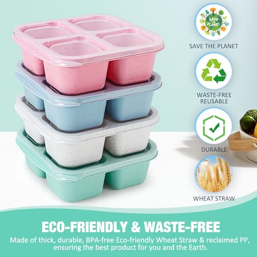 Caperci 4 Pack Bento Snack Boxes Lunchable Containers for Kids & Adults, Wheat Straw 4-Compartment Reusable Food Storage Containers for Snacks & Small Meal (Multicolor & Clear Lids)