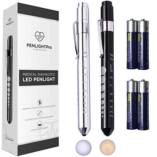 PENLIGHTPRO Medical Pen Lights for Nurses Doctors, 2 Sets Reusable Penlight White LED and Warm Yellow Light Tactical Flashlight with Pupil Gauge and Ruler, with Replaceable Batteries (Silver Black)