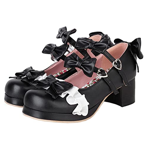 SHEMEE Women's Chunky Platform Buckle Ankle Strap Mary Jane Pumps Block Mid Heels Kawaii Sweet Bowknot Cosplay Dress Shoes