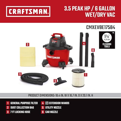 CRAFTSMAN CMXEVBE17584 6 Gallon 3.5 Peak HP Wet Dry Vac, Portable Shop Vacuum Wet and Dry with Filter, Dust Bag, Hose and Attachments for Home, Garage and Automotive Cleaning by CRAFTSMAN - Image 3