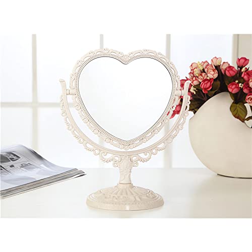 1 Pack Simple And Lovely Double-Sided Heart-Shaped Cosmetic Mirror 360 Rotatabling Stand Table Cosmetic Mirror Dresser Bathroom Bedroom Mirror (Beige) #TOP1