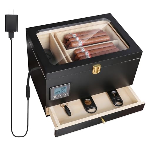 Electric Humidor Cabinet with Precision Humidity Control & Digital Display | 65-Capacity Double Cedar Shelves Glass Top & Accessory Drawer Fathers Day Gift for Men Black