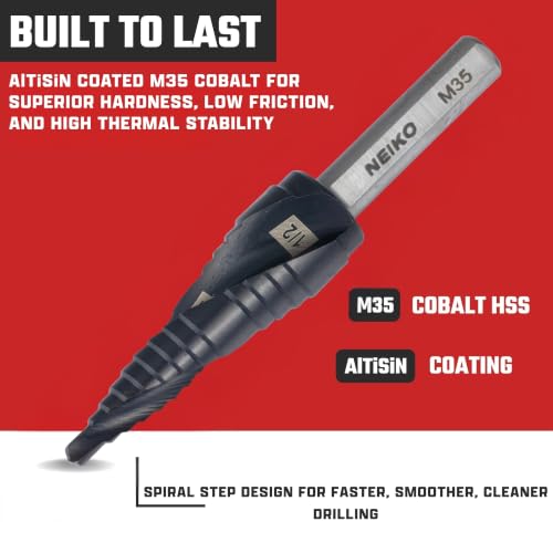 Image of NEIKO 10615B Step Drill Bit, 2 Steps 3 /8 inch to 1 /2 inch Spiral M35 Cobalt, AlTiSiN Coated, 1 /4 inch Tri-Flat Step Bits for Steel, Metal, Wood, Plastic, Unibit Cone Drill Bits, Two Flute