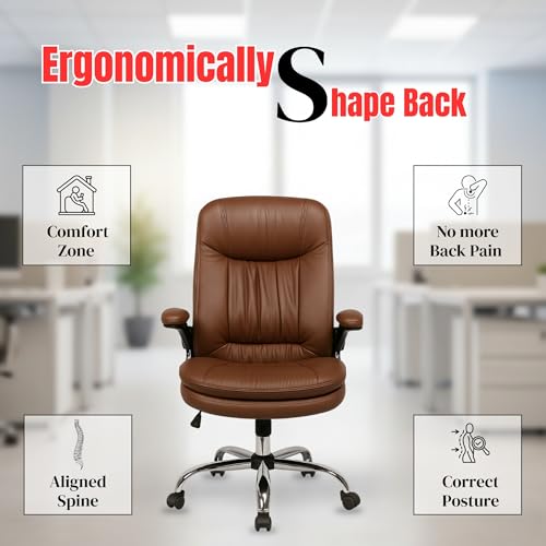 Image of Premium Leatherette Executive Office Chair with Chrome Base & Padded Armrests | Adjustable Height Swivel Desk Chair for Office & Home (Brown)