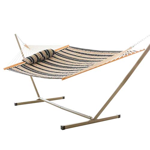 Castaway Living Large 2-Person Quilted Hammock with Space Saving Knockdown Stand and Detachable Pillow - Beige & Black Stripe, Heavy Duty Construction, 10 ft x 52 in, 350 lbs. Weight Capacity