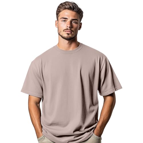 Image of Stars and Stripes Men's 100% Cotton Oversized Short Sleeve Crew Neck Summer Baggy Dropped Shoulders Streetwear Casual Gym Athletic T-Shirt (Dusk Rose-M)