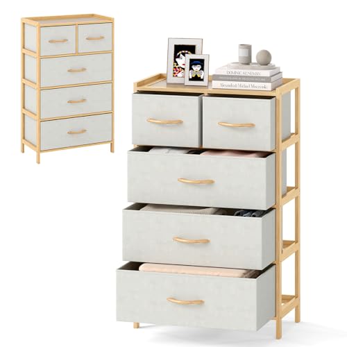 KOMFOTTEU Cómoda con 5 Cajones de Tela Plegables, Cajonera con Marco de Bambú y Protección Antivuelco, Armario de Almacenamiento Vertical para Dormitorio, Salón, Oficina, 58 x 30 x 94 cm