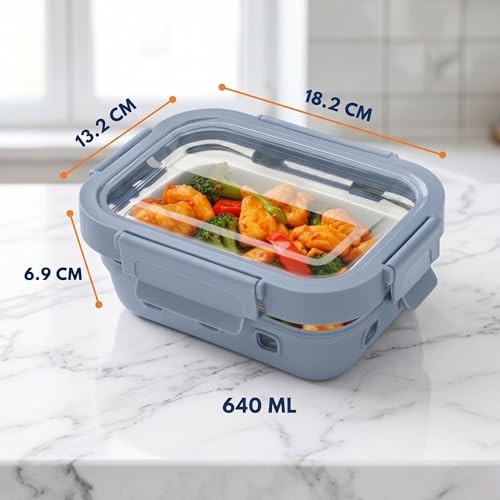 Image of Griplok Glass Lunch Box 640ml with Leakproof Lid, Borosilicate Food Storage Container with Silicone Sleeve, Gasket, Microwave /Dishwasher Safe, Anti-Slip Grip for Meal Prep (Glacier Blue)
