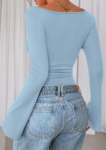 Image of PRETTYGARDEN Women Long Sleeve Shirt 2025 Crop Casual Boat Neck Bell Sleeve Ribbed Ruched Y2K Clothing