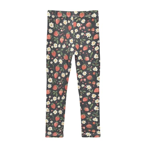Strawberry and White Flower T Girls Leggings Athletic Pants Tights Stretch Bottom2