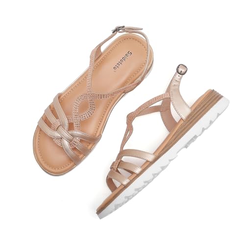 Saidoteto Women's Wide Flat Sandals,Casual Open Toe Strappy Slip-on Summer Dressy Platform Sandals with Sparkling Rhinestones4