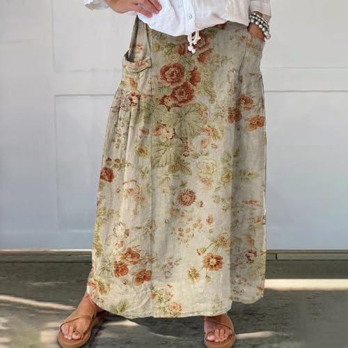 Maxi Skirts for Women Floral Print Elastic Waist Bohemian Hippie Long Skirt Vintage Boho Beach Skirts with Pockets2