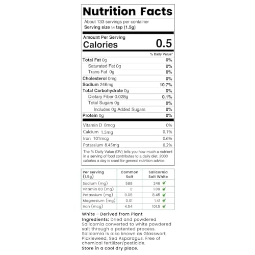 Image of SaltWise Salicornia White Salt, Low Sodium Salt Substitute, Plant-Based Mineral Salt, Natural Ingredient, Non-GMO, Vegan Product, Gluten Free, Plant Based Seasoning, Kosher, 100% Natural, No Additives, 7.05 oz