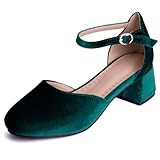 SJJH Velvet Court Shoes with Chunky Heel and Round Toe for Fashion Women Green