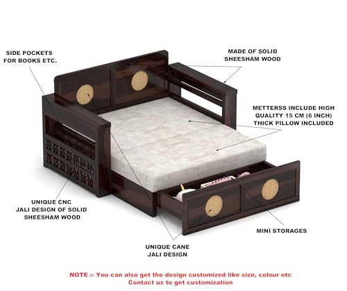 Image of Solid Sheesham Wood Two Seater Sofa Cums Bed with Cane Design Panels | 2-in-1 Wooden Daybed with Cushion & Storage Drawers (Walnut Finish)