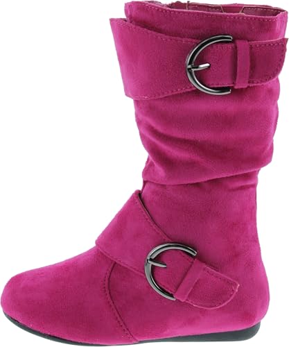 Link Klein-70K Girl's Kid's Faux Suede Two Buckle Zipper Flat Heel Mid Calf Slouchy Boot Shoes2