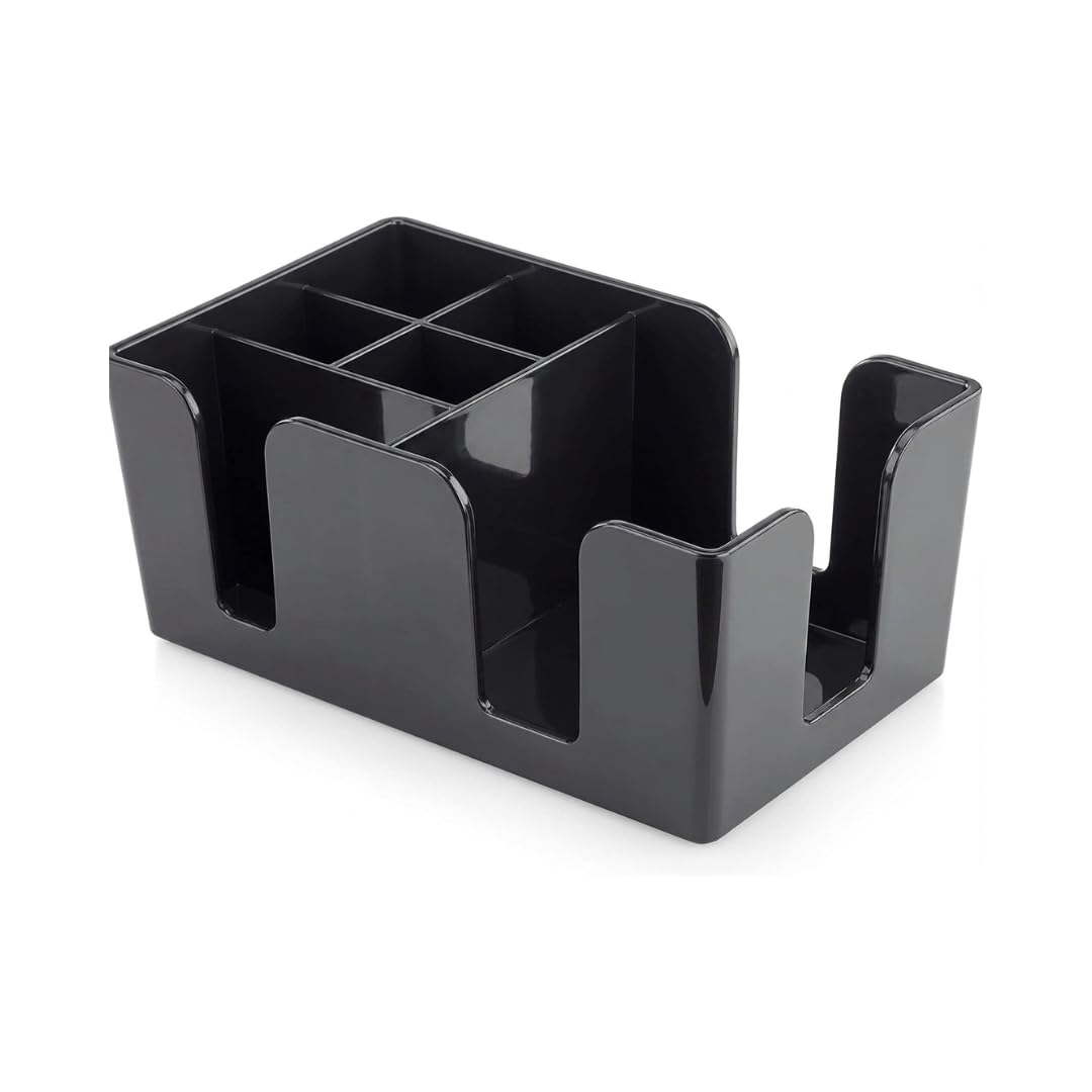 Premium 6 Compartment Plastic Bar Caddy Organizer Napkin Holder | Multipurpose Countertop Tissue Paper Stand for Dining Table Cafe Restaurant Chamach Spoon Straw Stirrers Sugar Sachets Organizer Rack-image-46