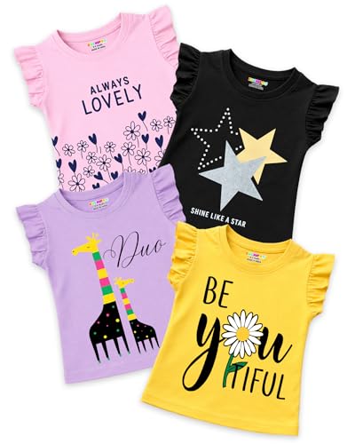 Image of Kuchipoo Girls Cotton Printed Frill Sleeve T-Shirts Combo Pack | Casual Graphic Summer Tops for Girls | Pack of 4