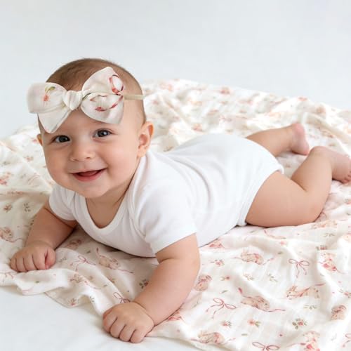 Image of LifeTree Baby Muslin Swaddle Blankets for Boys & Girls, Newborn Swaddle Set with Matching Headband Bow, Infant Blanket Wrap, 47 x 47 inches, Bow Rabbit, 70% Viscose from Bamboo and 30% Cotton