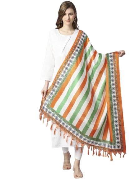 Traditional Striped Dupatta with Tassels, Orange Green White Pattern, Crepe Blend-image-1