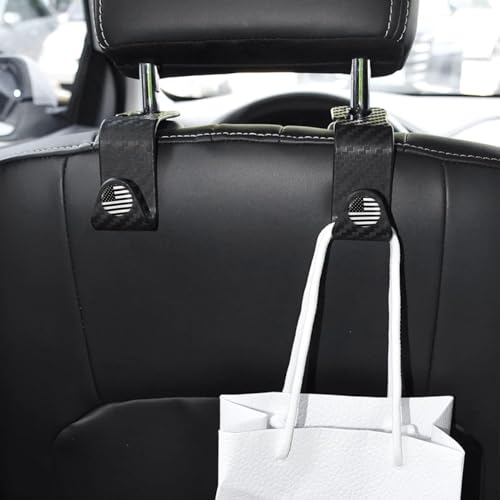 Image of 4PCS Car Seat Headrest Hooks, Auto Back Seat Hanger Holder, Durable Stylish Vehicle Organizer Universal Car Accessories, Storage Hooks for Purses, Bags, Clothes, Coats (Carbon Fiber /Black Flag)