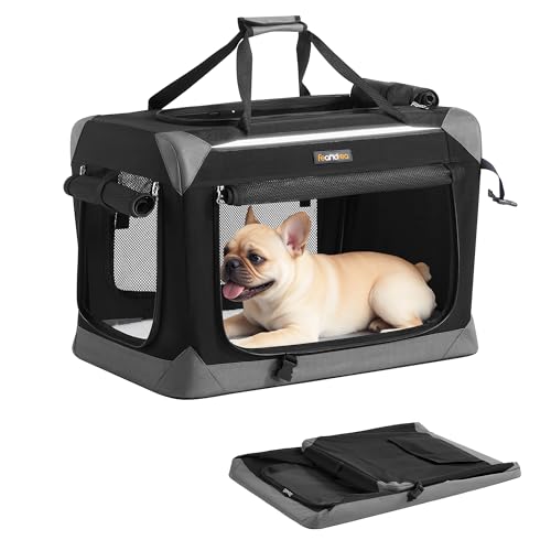 Feandrea Collapsible Dog Crate, Portable Oxford Fabric Pet Travel Crate with 4 Mesh Doors, Handles, Pocket, 24 Inches, for Small Dogs, Ink Black and Dove Gray UPDC026BH01 M (24"L x 16.5"W x 