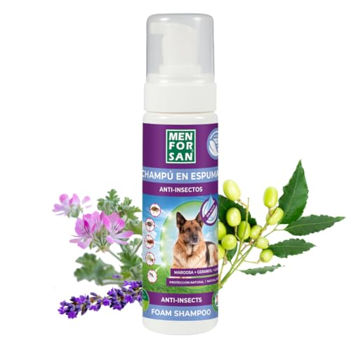 MENFORSAN Champú en espuma anti-insectos para perros y gatos con ingredientes naturales: Margosa, Geraniol y Lavandino, Sin fragancia, Incoloro, 200 ml