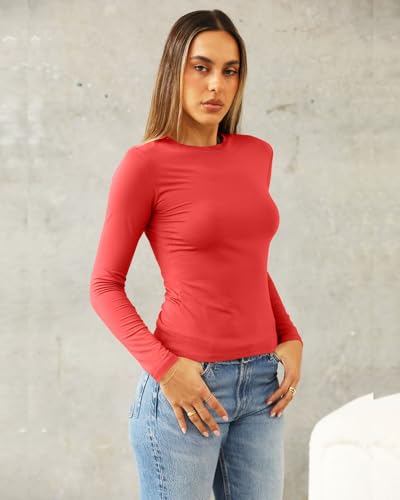 Image of Abardsion Women's Slim Lightweigh Long Sleeve T Shirts | Fall Clothes 2026 Casual Basic Crewneck Going Out Crop Tops Y2K