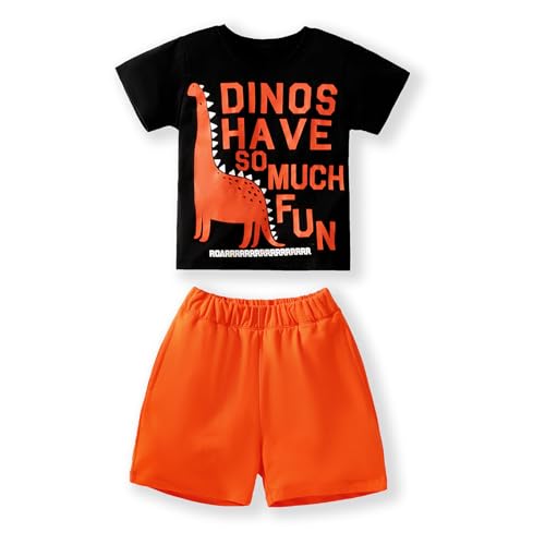 Image of LMYOVE Toddler Boy Short Set Little Boy Clothes Casual CrewNeck Short Sleeve T-Shirt and Short Sets Summer Beach Outfits(5T Orange Dinosaur)