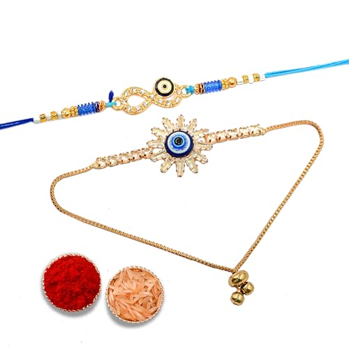 Image of CraftVatika Evil Eye Bracelet Rakhi Set for Brother Bhaiya Bhabhi Set of 2, Rakhis for Rakshabandhan, Hand Bracelet Rakhi for Bhabhi, Infinitive Evil Eye Rakhis for Men Brother with Best Wishes Card,Tilak set