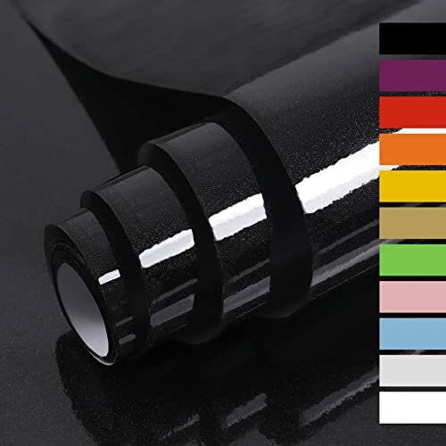 Hode Papier Adhesif pour Meuble Cuisine Porte Mur Stickers Meuble Vinyle Autocollants Meuble Rouleau Adhésif Décoratif Noir Brillant 40X300cm