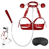 BDSMLOVE Sex Bondage Brustfesseln Set Sex Spielzeug BDSM Kit Fesselset für Paare Frauen Bettfesseln Extrem Sex Toys Sexy Geschirr Handschellen Augenbinde Halskragen Traktionskette (Rot)