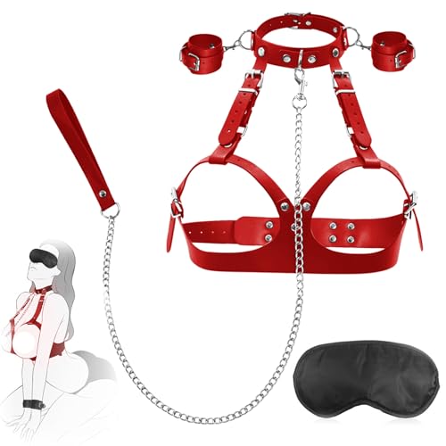 BDSMLOVE Sex Bondage Brustfesseln Set Sex Spielzeug BDSM Kit Fesselset für Paare Frauen Bettfesseln Extrem Sex Toys Sexy Geschirr Handschellen Augenbinde Halskragen Traktionskette (Rot)