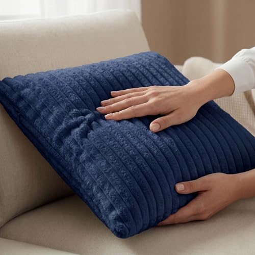 Image of Yellow Weaves Pencil-Stripe Fur Cushion Covers | Soft Polyester | Decorative Sofa & Throw Pillow Covers | 16x16 Inches, Pack of 2 (Blue)