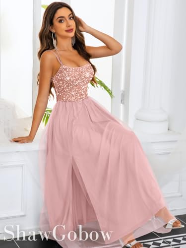 Image of ShawGobow Tulle Prom Dress with Slit,Sequin Backless Long Flowy Dresses for Women,Sexy Sparkly Outfits Homecoming Wedding