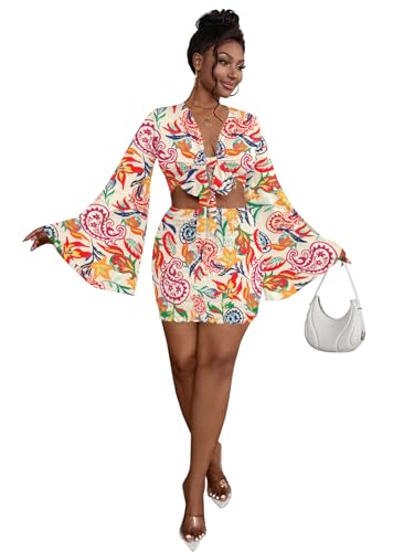 Image of LYANER Women 2 Piece Vacation Outfits Tie Knot Front Bell Long Sleeve Crop Top and Mini Skirt Summer Set
