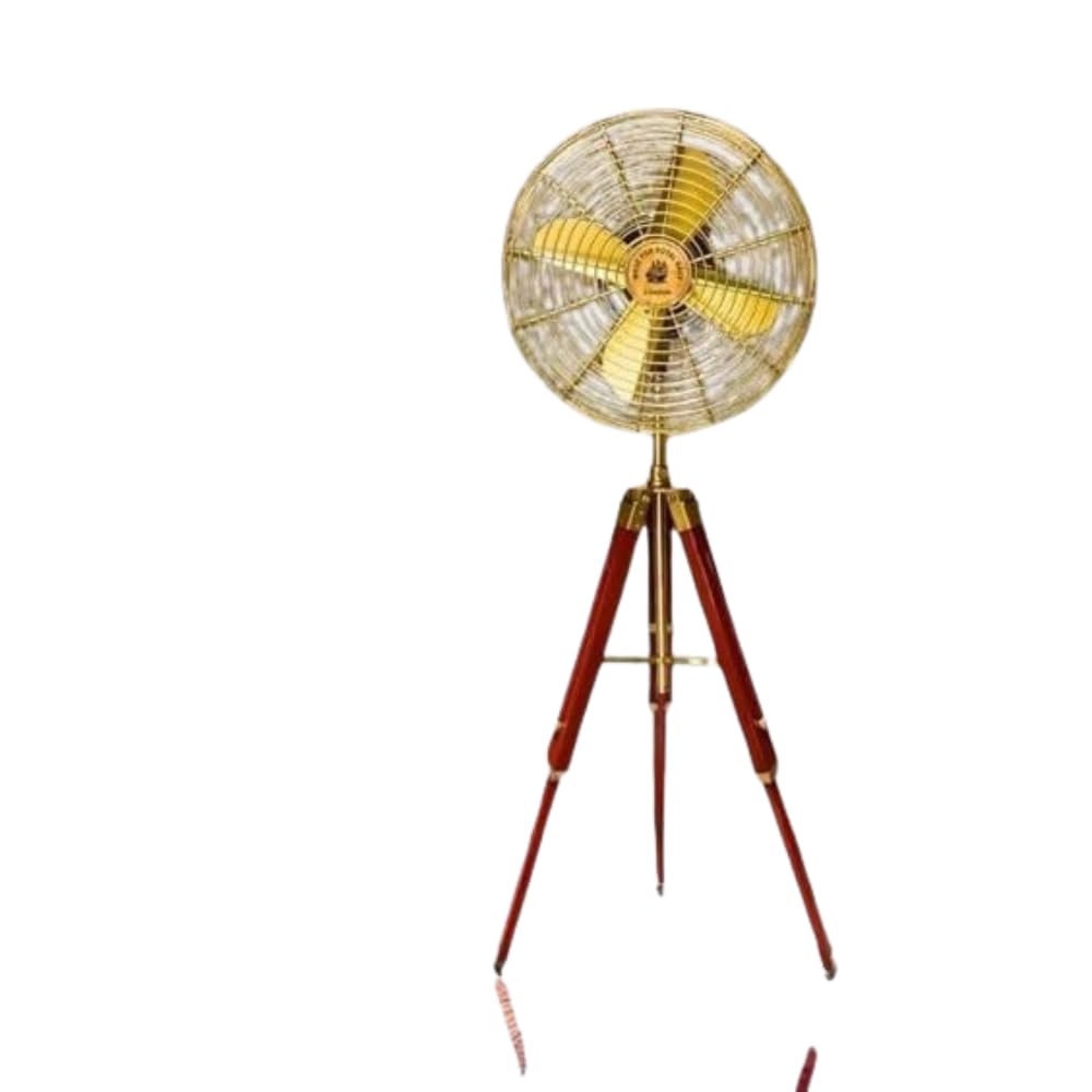 Vintage Pedestal Fan, Brass Antique Design with Wooden Tripod Stand, 16-inch, 3-Speed, Floor Standing