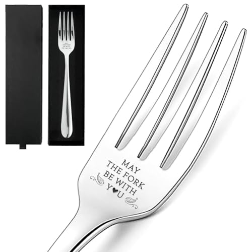 GLOBLELAND Fourchette en Acier Inoxydable Gravée May The Fork Be With You avec Boîte Cadeau Fourchette à Dîner Amusante Fourchette à Dessert pour Amis Familles Noël Thanksgiving de Mariage